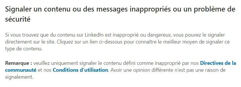 le formulaire de signalement sur Linkedin