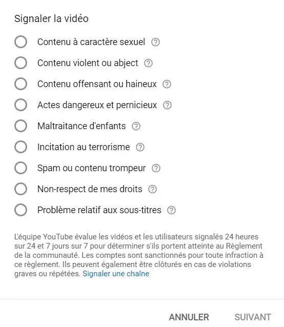Signalement de contenu indésirable de youtube