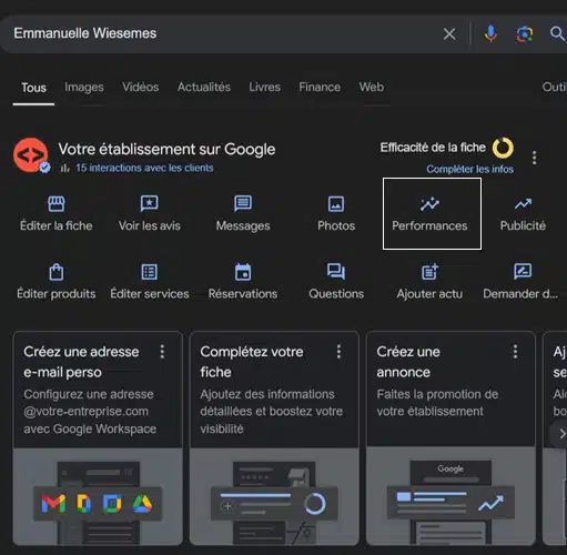 Performances de la fiche d'établissement Google